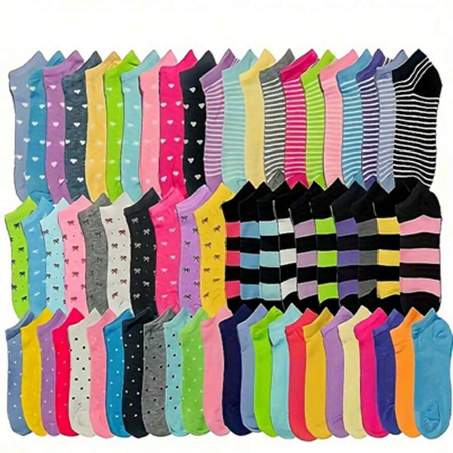10/5 pares Calcetines cortos para mujer de colores caramelo con estampado de corazones y rayas - Mezcla de poliéster transpirable, con detalle acanalado, para uso casual y de moda