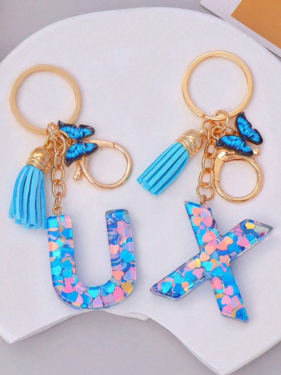 1pc Women's Initial Letter Black Butterfly Glitter Crystal Resin Epoxy Keychain With Butterfly Tassel Decor
