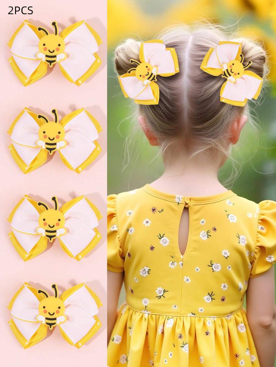 2pcs Girls Bee Bow Hair Clips, Rib Ribbon Hair Bows, Perfect Gifts For Girls, Hair Accessories
