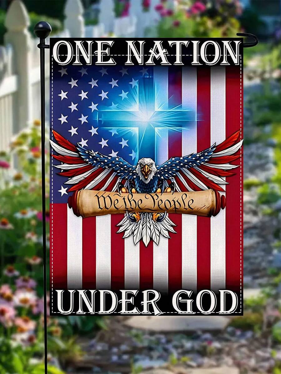 1pc One Country Under God Eagle Garden Flag, Double-Sided Linen, 14.17x18.50 Inches, American Flag Design With Cross And Eagle - Suitable For Independence Day, Outdoor/Interior Decoration, Patio & Garden Decoration, Furniture Decoration, No Power Required (Flag Only)