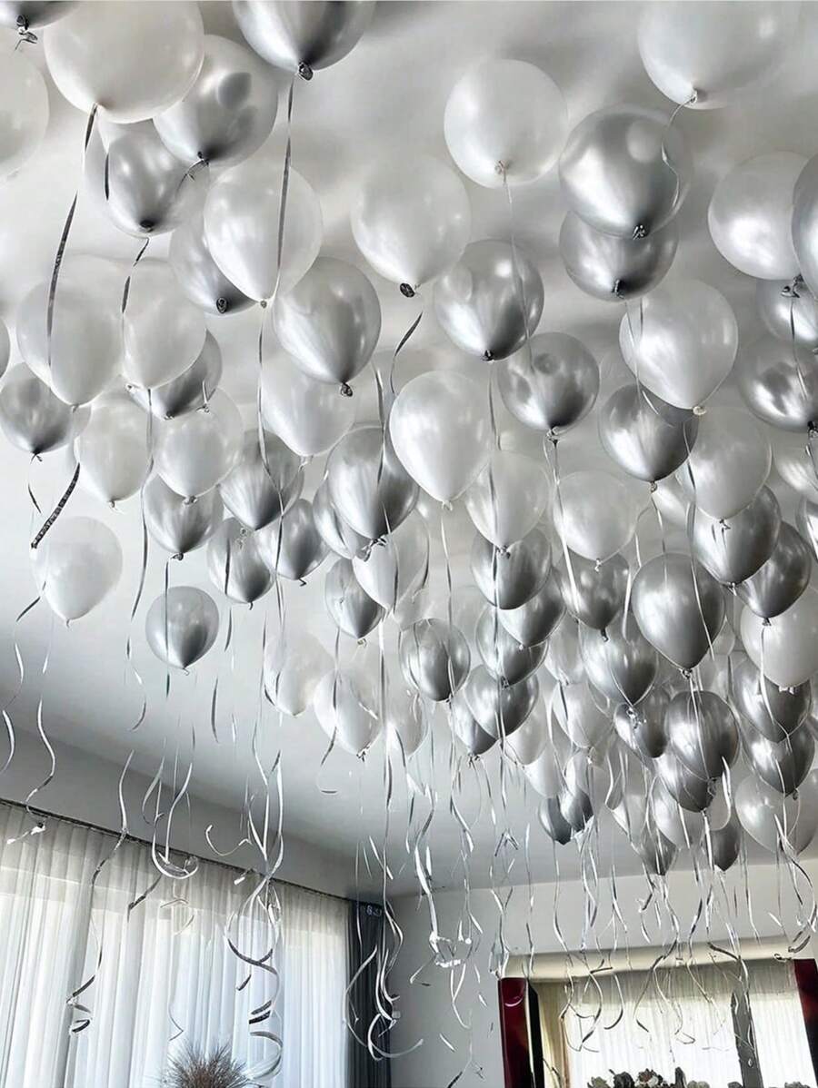 51pcs Clear And Silver Metallic Balloons 5-12 Inch Latex Balloons For Birthday Party, Wedding, Bridal Shower, Anniversary, Bachelorette Party, Decoration, Photography