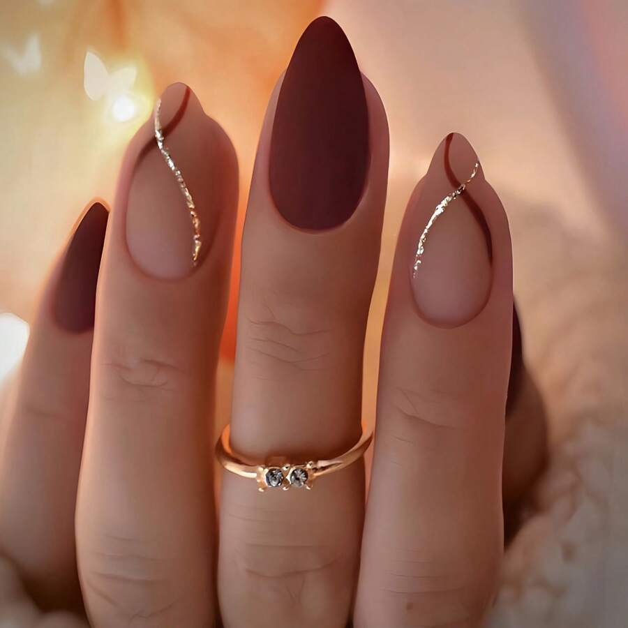 24 piezas de uñas postizas con forma de almendra mate en estilo elegante con rayas doradas y rojas para mujeres y niñas