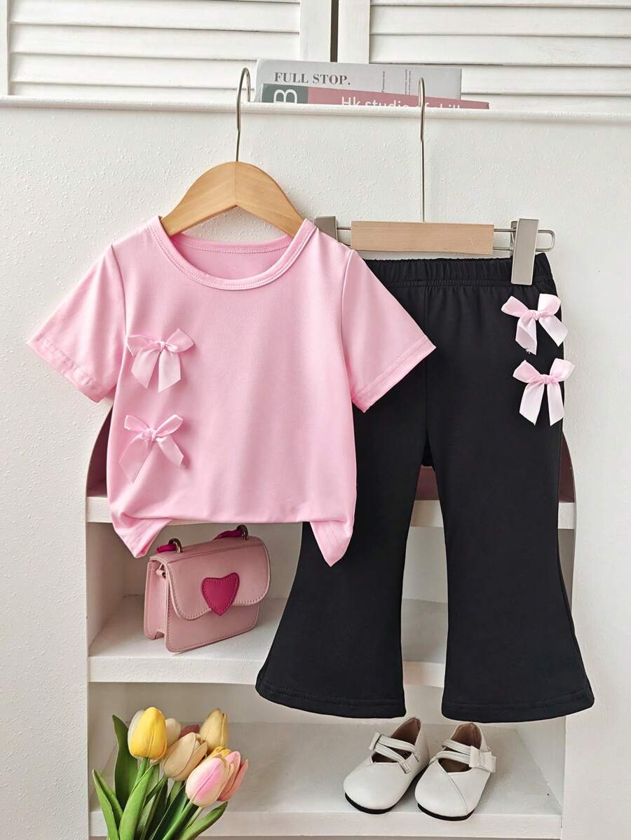 2pcs/Set Baby Girls' Flared Set, Bow Accent Short Sleeve T-Shirt + Solid Color Flared Pants, Summer