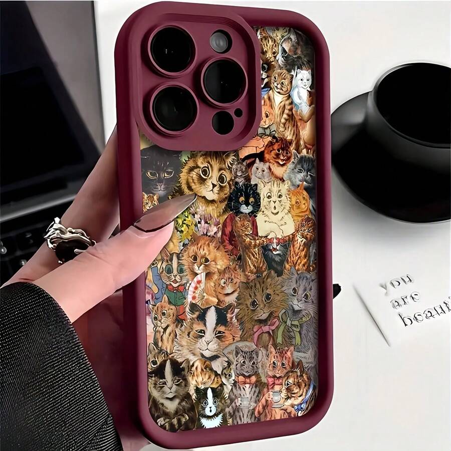 1pc Wine Red Matte Cracked Texture Cute Cat Pattern Phone Case, Compatible With IPhone 16 Pro Max, 15/14Plus, 13, 12, 11, And Series