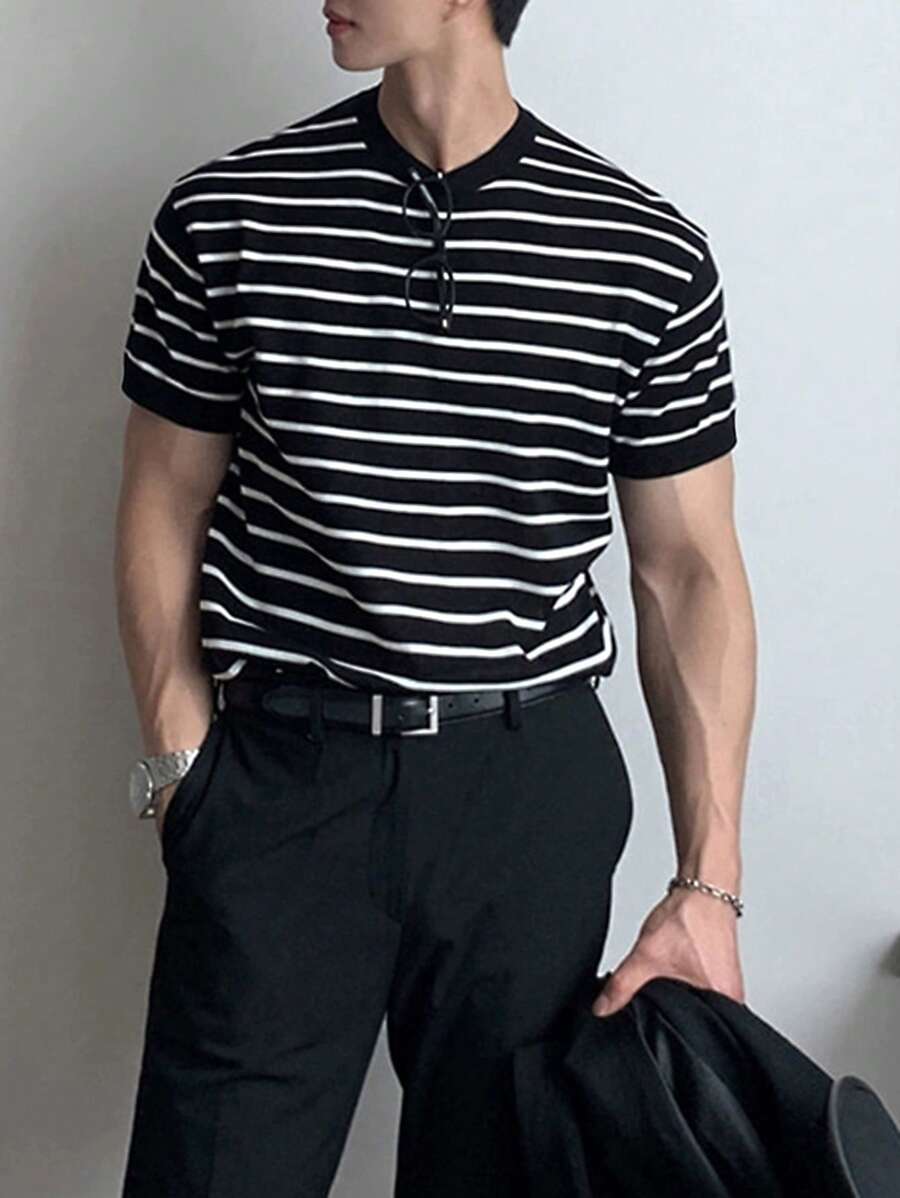 Men's Striped Knit Crew Neck Short Sleeve T-Shirt, Casual & Business Fitted Style, Breathable For Summer