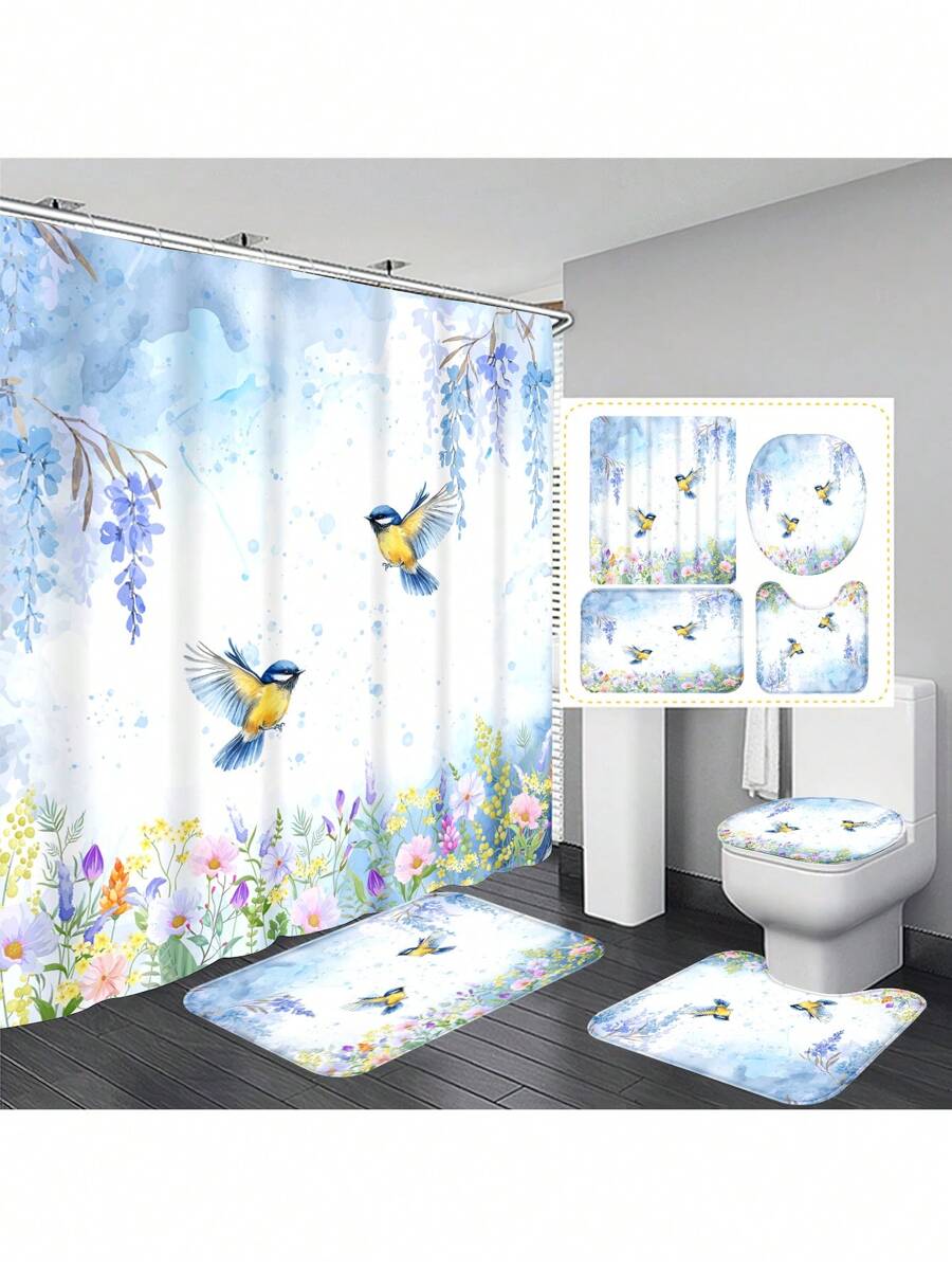 1pc/4pcs Floral Print Multipurpose Bathroom Decor Set Includes: Waterproof Shower Curtain With 12 Hooks, Bathroom Anti-Slip Mat, U-Shaped Toilet Mat, Round Toilet Lid Mat - Suitable For All Bathroom Scenes Back To School