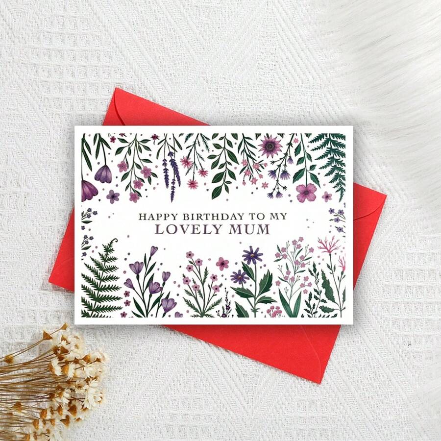 Tarjetas de cumpleaños para mamá - Tarjetas de cumpleaños feliz con flores - Tarjetas con flores - Tarjetas de cumpleaños divertidas - Flores de jardín rosadas y moradas - Regalos de cumpleaños para mamá