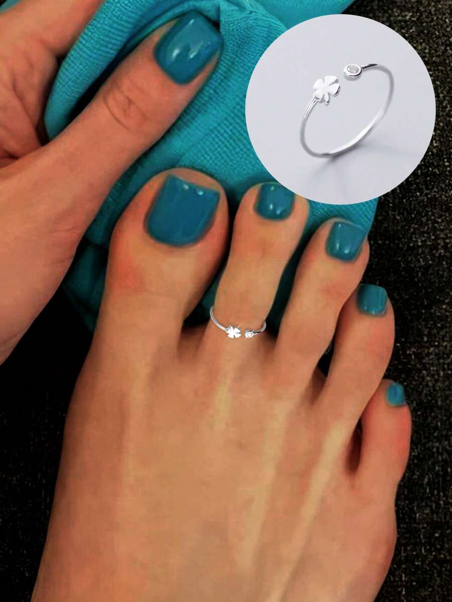 Anillos para dedo del pie de plata de ley 925 chapados en oro blanco minimalistas, sencillos y ajustables en forma de trébol de cuatro hojas para mujeres, joyas para los pies de verano