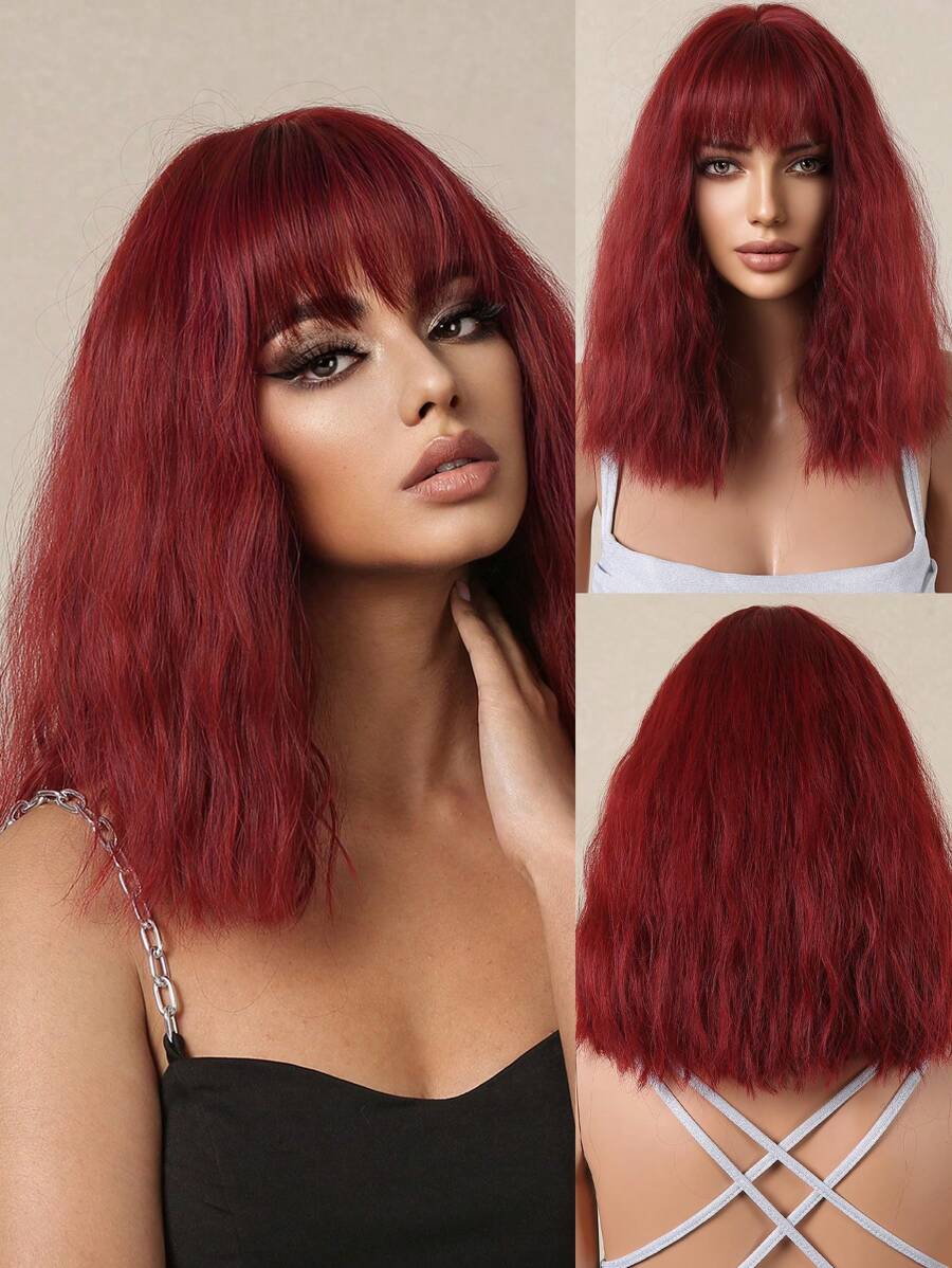 Peluca de estilo con flequillo, de 16 pulgadas, de color rojo vino, de largo medio, con apariencia natural y resistente al calor para uso diario. Peluca tejida de cabello sintético, de estilo elegante, resistente al calor, para uso cotidiano.
