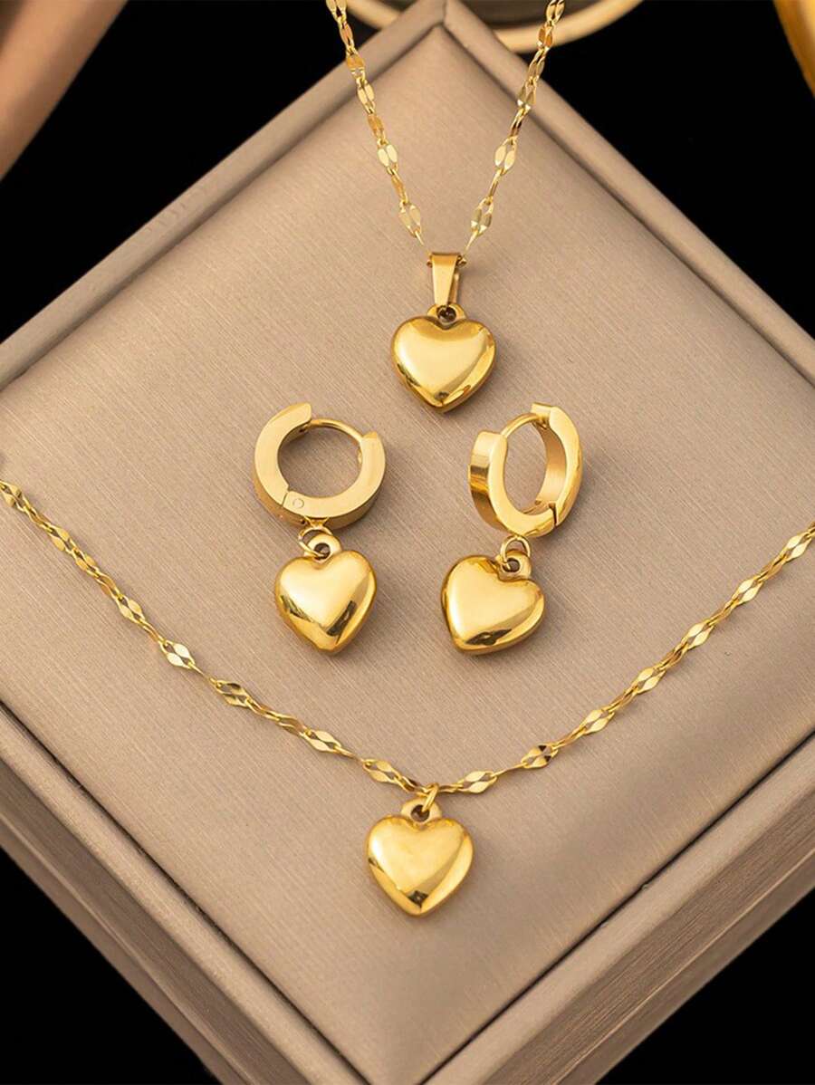 Set de joyería de 4 piezas de acero inoxidable que incluye collar, aretes, brazalete, adorno elegante vintage con forma de corazón, adecuado para uso diario/fiesta de mujeres, regalo del Día de la Madre y Día de San Valentín. (Se puede vender individualmente)