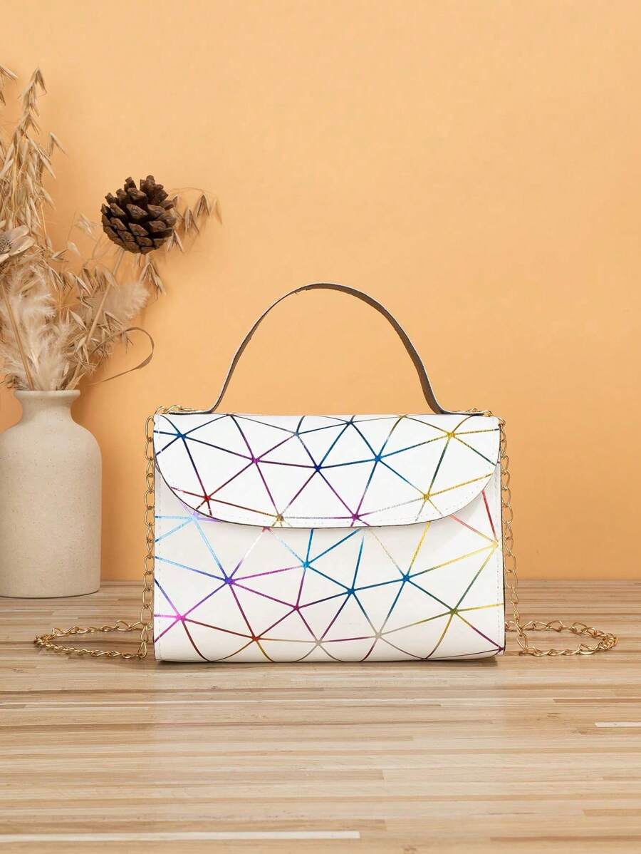 Fashionable Geometric Triangle Rhinestone Rhombus Shape Laser Holographic Small Square Bag With Flap Crossbody Chain Shoulder Bag, Large Capacity Evening Tote Bag, PU Leather Horizontal Elegant Women Handbag