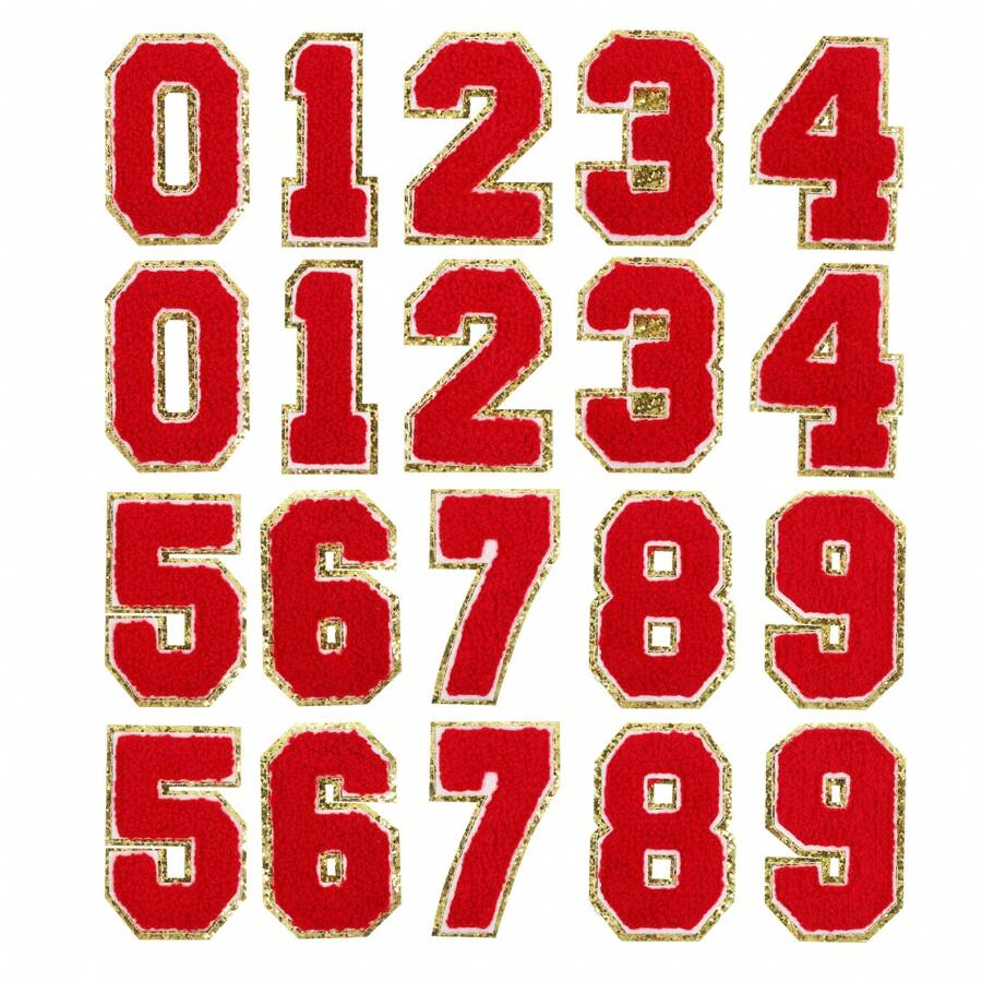 20pcs Glitters Chenille Number Patches Iron-On Embroidery Numbers For Team Uniforms Sports T-Shirts Hats Bags (Red, Number 0-9)