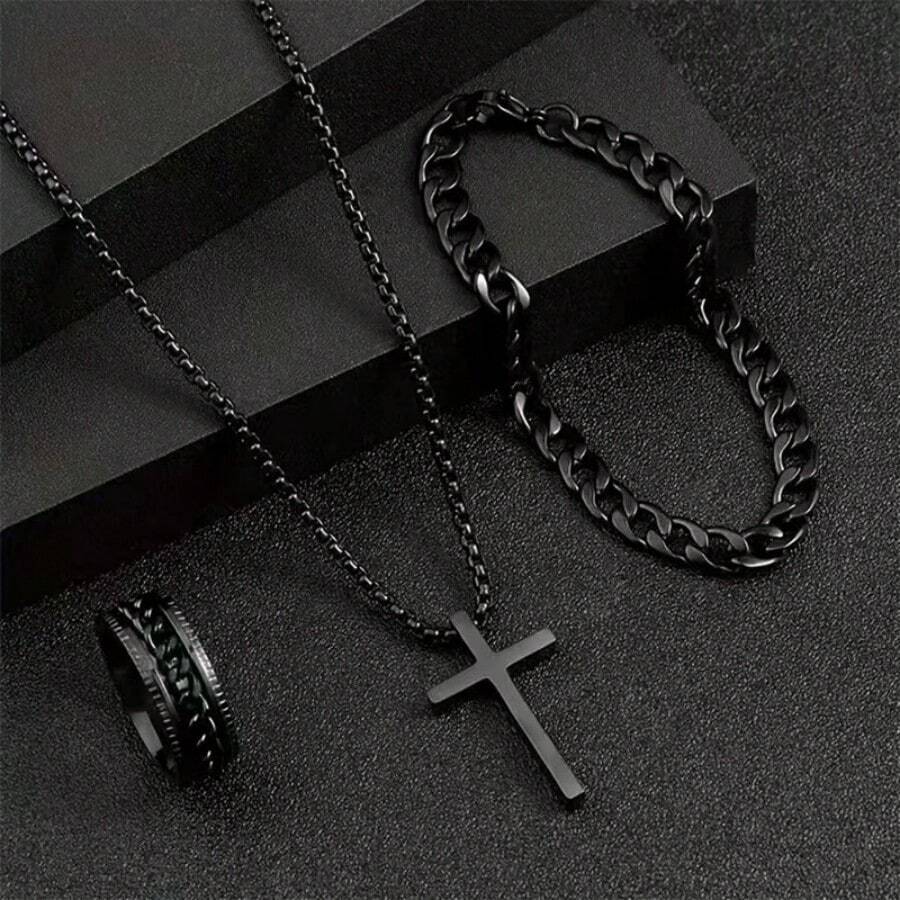 Conjunto de joyería de 3 piezas con colgante de cruz negra, collar de cadena de caja minimalista para hombres