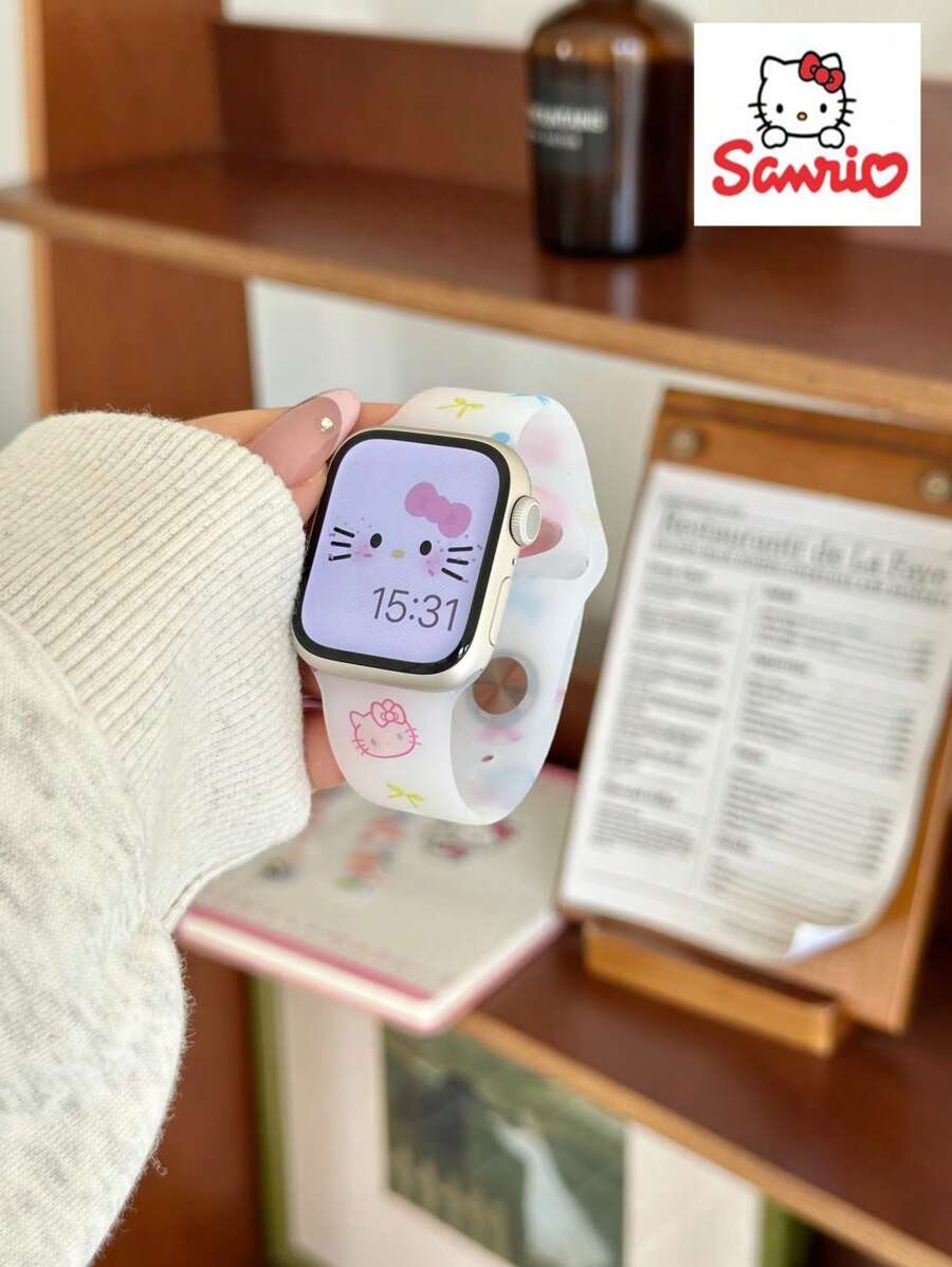 Sanrio 1pc Sanrio Minimalist Fashion Sports Transparent Silicone Hello Kitty Apple Watch Band, Silicone, Waterproof, Adjustable, Suitable For Apple Watch 38/40/41/S10 42/42/44/45/49/S10 46mm, Ultra/SE/10/9/8/7/6/5/4/3/2/1
