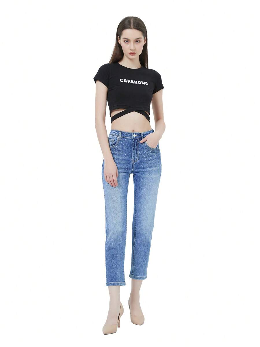 Jeans Donna Crop a Vita Alta, Lavaggio Medio con Brillantini, Gamba Dritta, Lunghezza al Polpaccio COD.1022