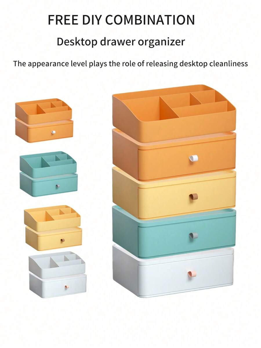 1 pieza Organizador de escritorio multifuncional, organizador de cajones, caja de almacenamiento para maquillaje y joyas, material de PP duradero, adecuado para oficina, hogar, tocador, baño, dormitorio, sala de estar, almacenamiento de papelería. Cajones a prueba de polvo, apilables, múltiples colores disponibles