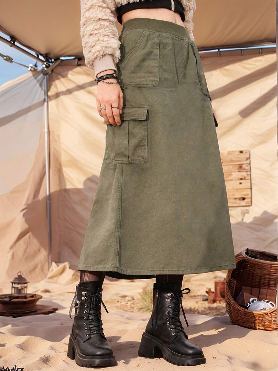 1 Pc Teen Girl Fashion High Street Personalized Design Retro Pocket Cargo Skirt