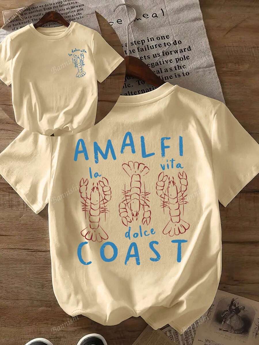 Women's Letter & Lobster Print Round Neck Short Sleeve Milk Silk Regular T-Shirt