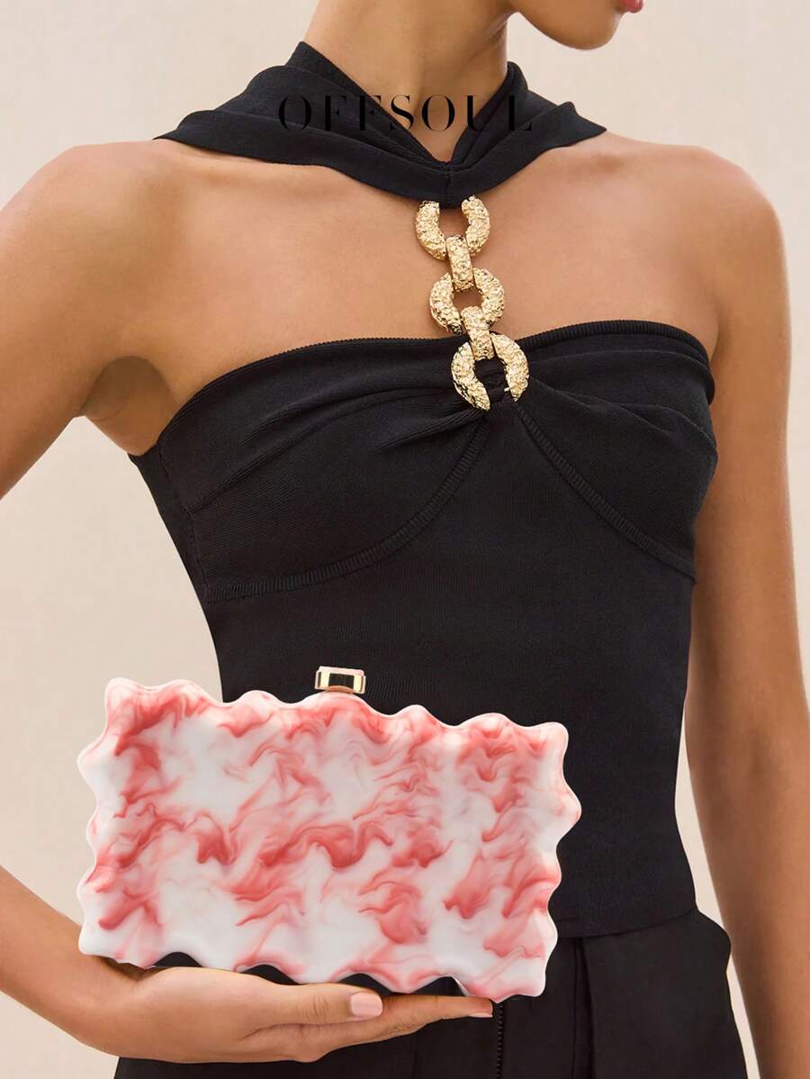 Lady's Marble Acrylic Wave Rectangular Box Clutch, Versatile Asymmetric Shape Party/Wedding Handbag, Marble Print Layered Design Bridal Wedding Clutch