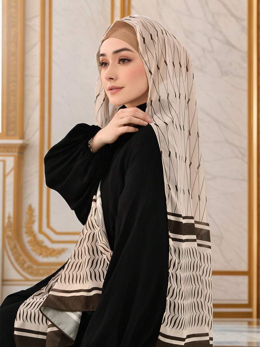 1 pieza Pañuelo femenino de moda de gasa con estampado árabe, hijab versátil para uso diario, apto para todas las temporadas