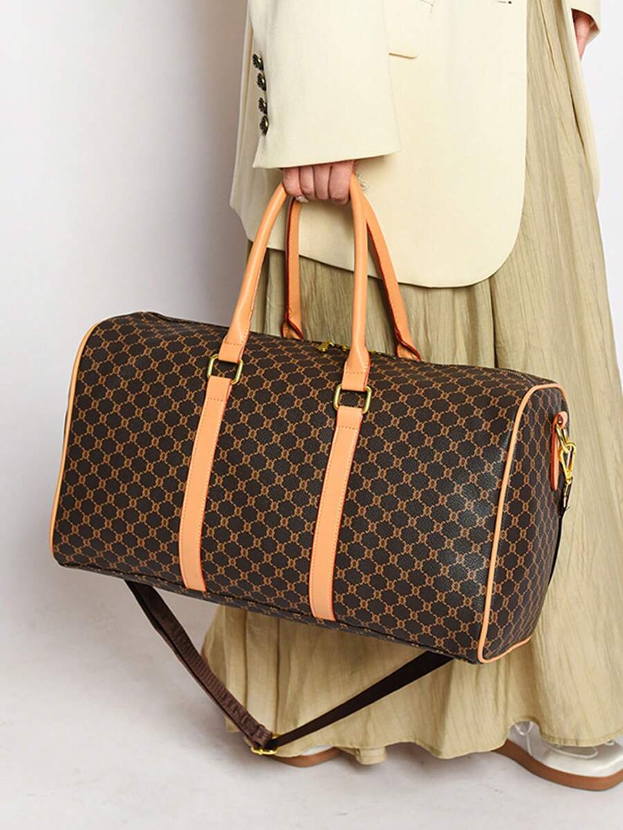 Large Capacity Printed Luggage Bag, Fashionable Travel Storage Bag, Multifunctional Hand-Held Shoulder Bag, Outdoor Leisure, Travel Fitness Bag, Camping And Cruising Essential, Hiking, Summer Back To School Holiday Essentials Holiday Travel Essentials Travel Bag Travel Accessories - Brown - View 1