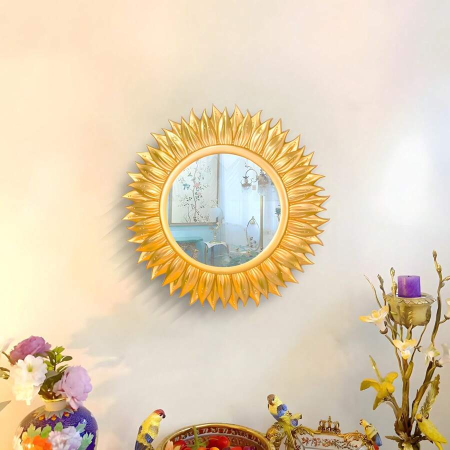 1pc Fashion Luxury Wall Decor Mirror, Classic Round Shape Mirror Wall Decor, Sunflower Design Home Wall Decor, 25cm (10 Inch), Suitable For Living Room, Dining Room, TV Background Wall Decor Best Gifts Birthday Graduation