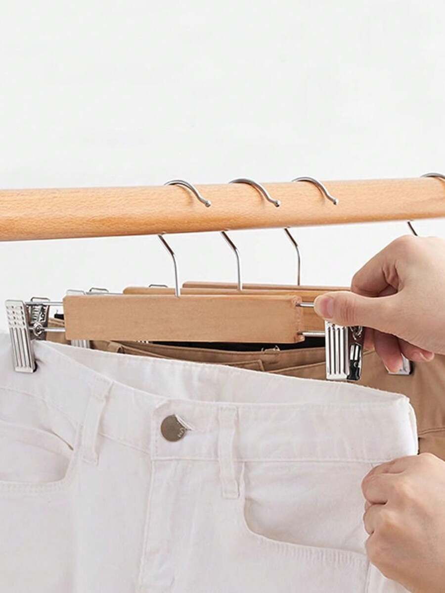 1/5/7pcs Wooden Pants Rack, Wooden Pants/Skirt Hanger With 2 Adjustable Clips And Anti-Rust Hooks, Space Saving Storage Box For Bedroom, Closet, Cabinet, Home, Dorm