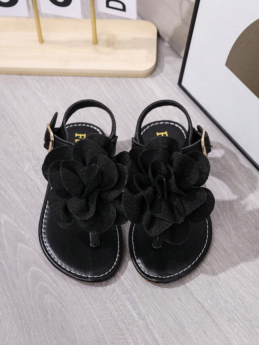 Toddler/Little Girls' 2025 Summer New Fashion Versatile Round Toe Thong Sandals With Large Flower, Flat, Anti-Slip For Beach & Home Wear