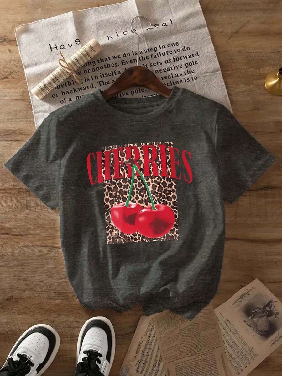 Robes d'été pour femmes, col rond, T-shirt à manches courtes, imprimé motif cerise, hauts d'été gris doux et élégants, coupe slim, convient pour le port quotidien à la maison, t-shirts graphiques pour femmes Top d'été