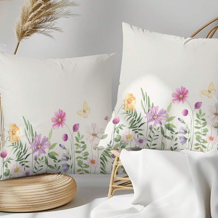 Juego de 4 fundas de almohada con estampado de flores silvestres, plantas verdes silvestres y mariposas voladoras con flores coloridas en un borde horizontal acuarelado de verano y primavera. Decoración perfecta para tu sofá, hogar, habitación, oficina, sala de estar y embellecimiento del sofá (sin relleno de almohada) con impresión unilateral.