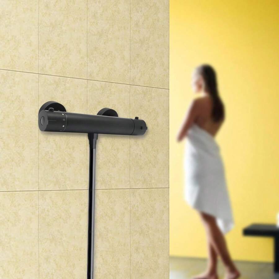 InSyoForeverEC Miscelatore termostatico per doccia, rubinetto miscelatore termostatico per doccia in ottone con pulsante di sicurezza 38°C per doccia, bagno, nero