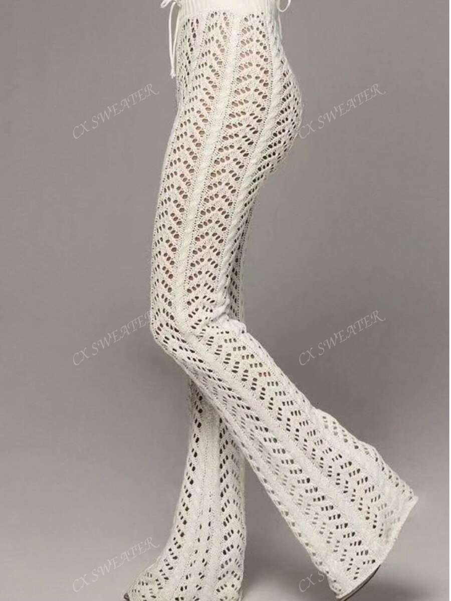Summer New Women's Solid Color Summer Beach Hollow Out Tie Front Cover Up White Flared Pants,Without Bikini Pants
