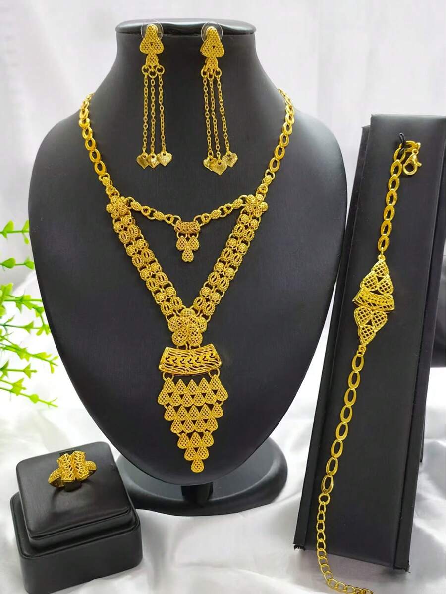 1Set Fashion Women 14K Gold Plated Flower Pendant Necklace, Earrings, Bracelet, Ring Jewelry Set, Suitable For European & American Brides, Wedding, Party, Date, Mother's Day, Valentine's Day, Holiday Gift, Alloy Jewelry