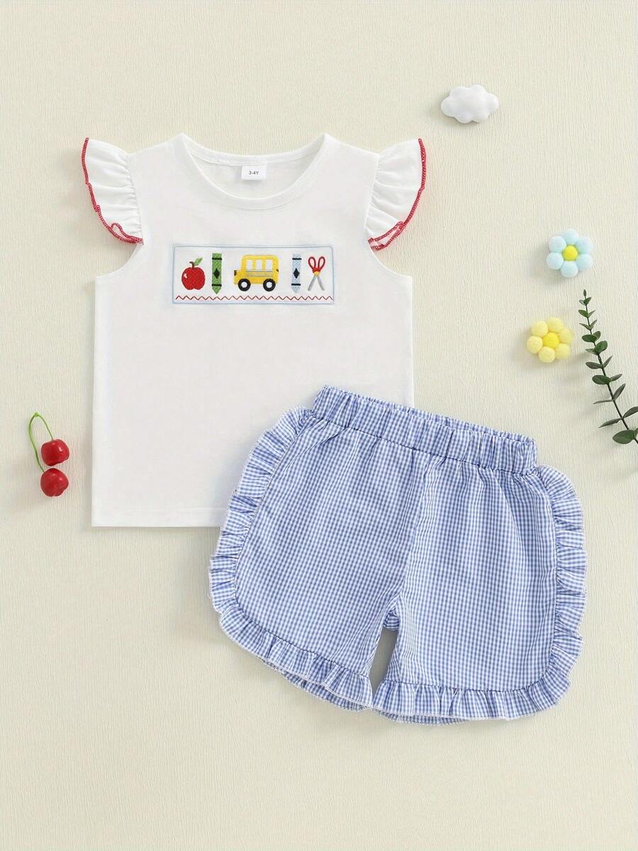 2Pcs Toddler Girl Summer Outfits Ruffle Sleeve Embroidery Tops + Plaid Shorts Set Kids Clothes