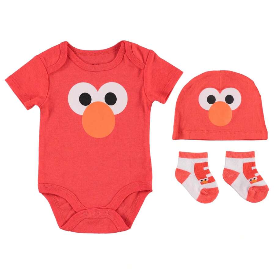 Happy Threads Sesame Street Elmo Baby Gift Set, Baby Clothes Set 3-Piece Bodysuit Beanie Hat Socks