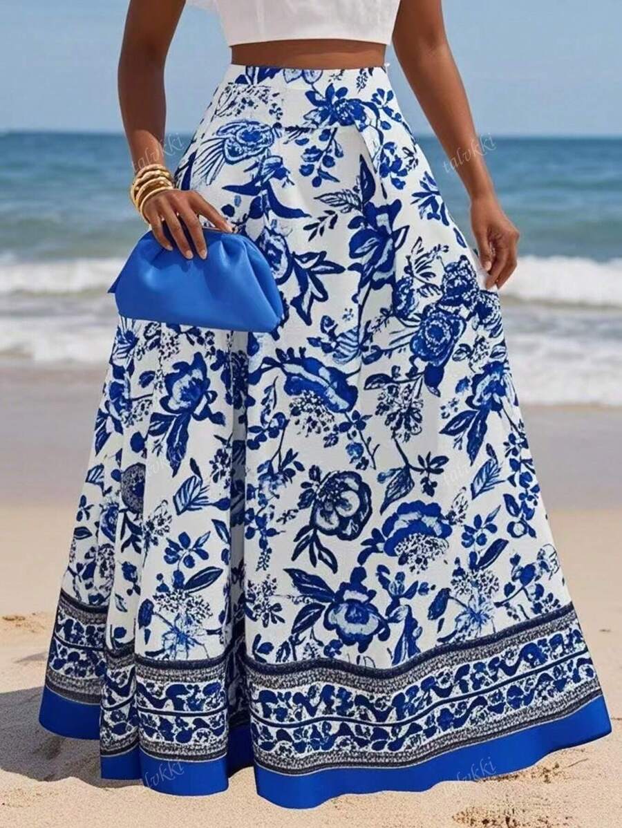 Women Floral Print High Waist Maxi Casual Skirt, Suitable For Holiday