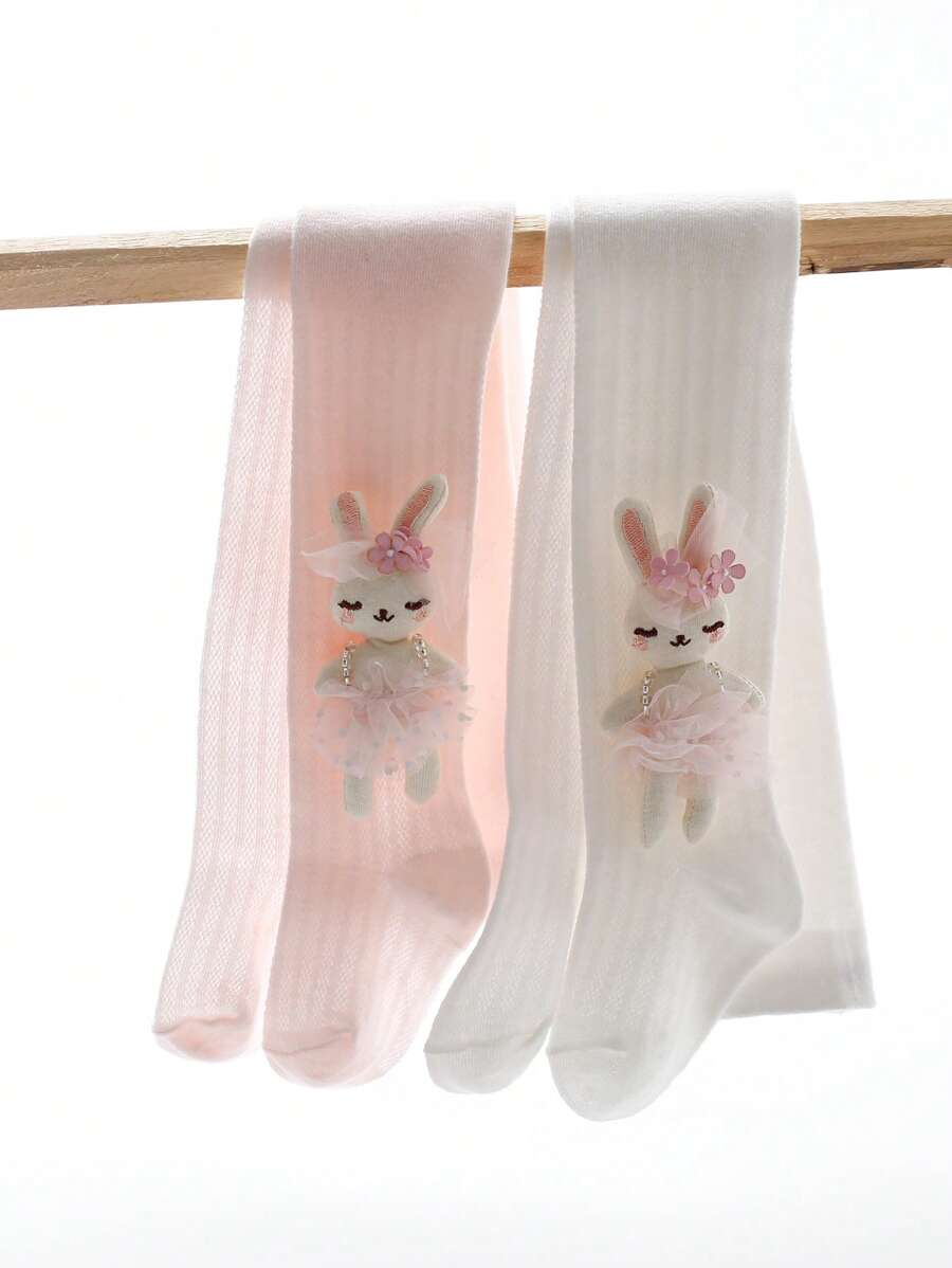 2 Peças Conjunto de Collants para Meninas, Leggings Finas de Primavera e Verão, Meias Infantis de Verão, Tela de Malha com Coelho Cartoon