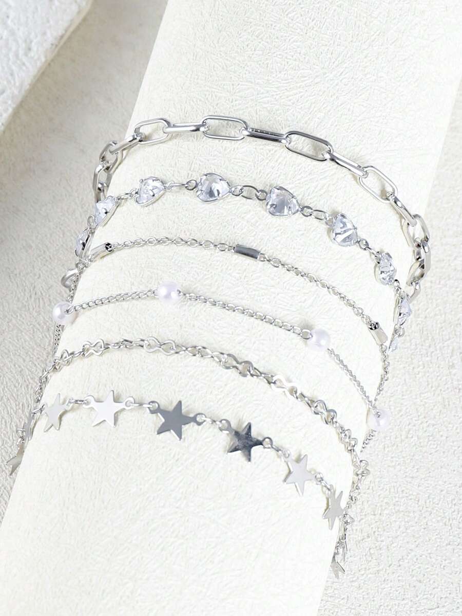 6pcs/1pc Elegant Fashion Copper Heart & Cubic Zirconia Star Charm Bracelets Set, Suitable For Daily Wear & Gifts