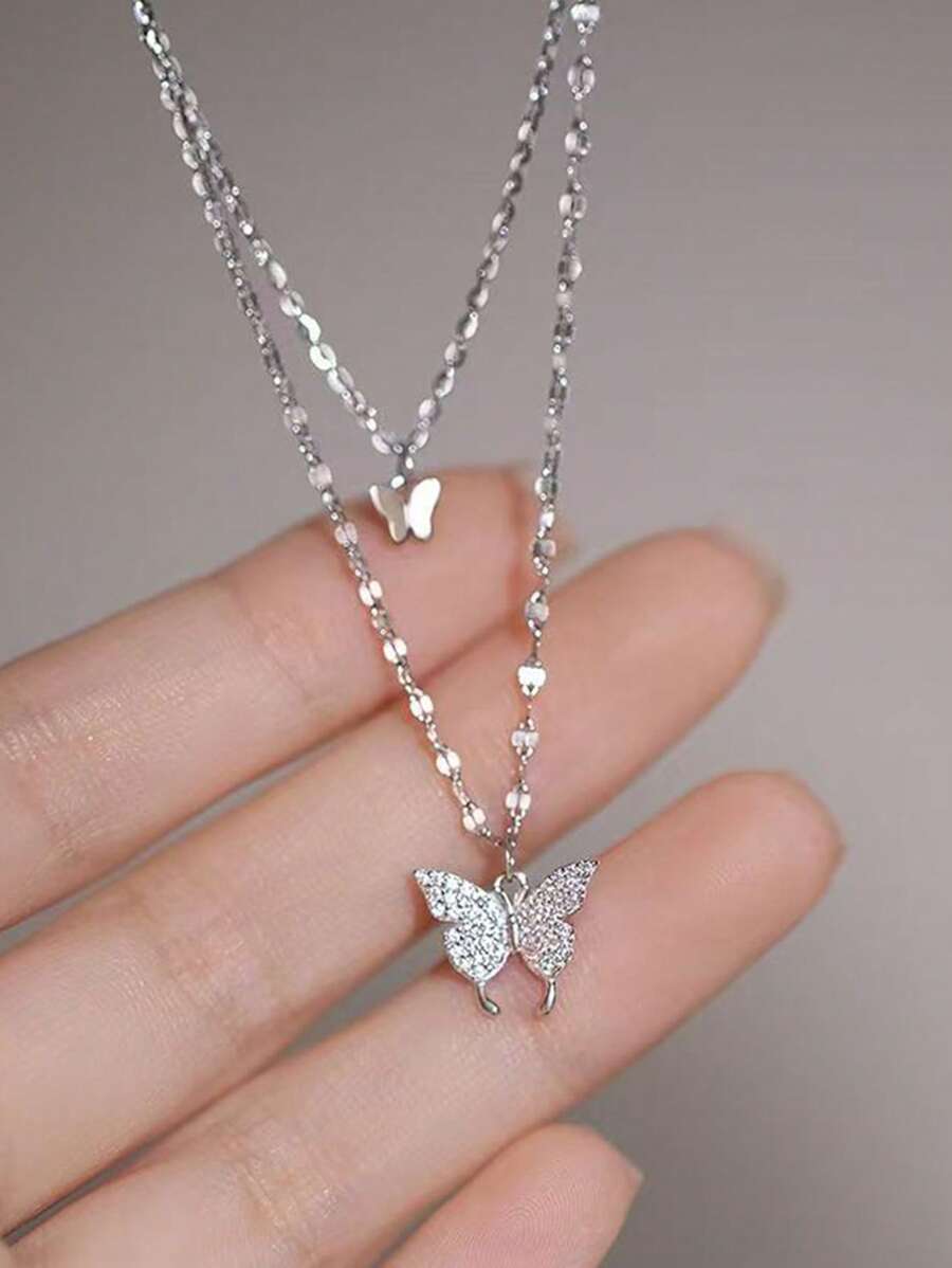 1 Stück Halskette aus Legierung mit zweischichtigem Strass-Schmetterling-Anhänger, geeignet für den täglichen Gebrauch als Geschenk für Freunde