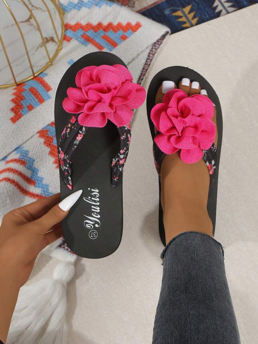 Sandalias de cuña con suela gruesa y diseño floral para mujer, chanclas antideslizantes para la playa en verano