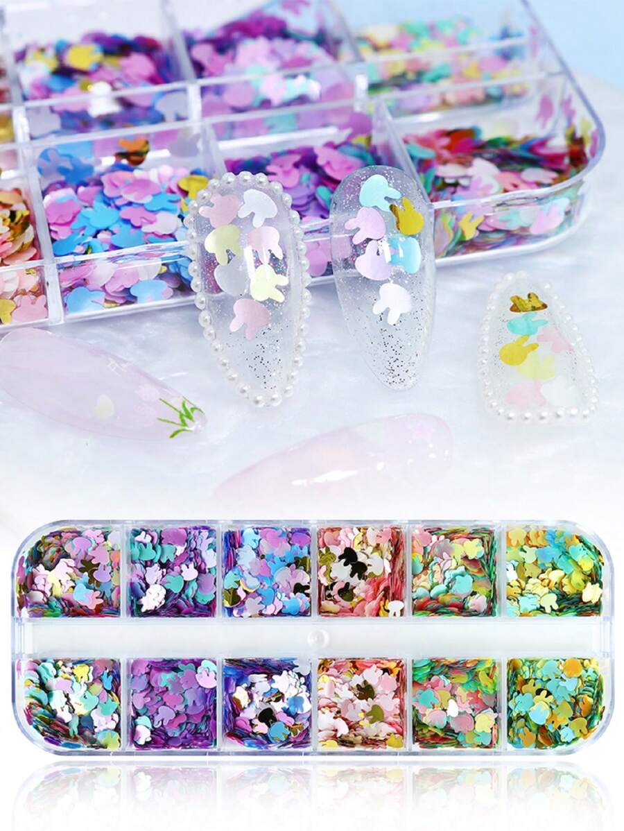 Set de 12 compartimentos con lentejuelas con forma de cabeza de conejo de color macarrón, adornos coloridos tipo copos de nieve de Pascua para manualidades, suministros y accesorios para decoración de uñas de primavera y verano