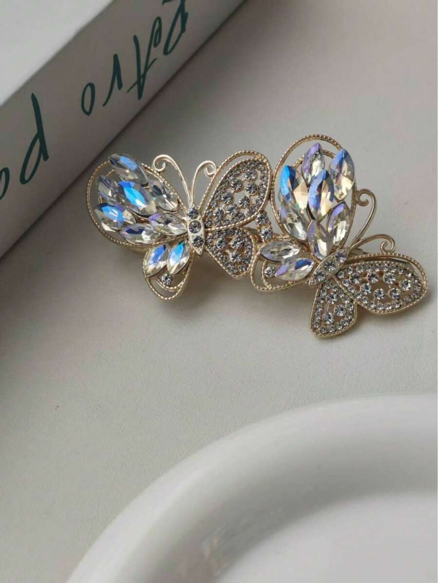 1pc Women Fashion Elegant Diamond Metal Color Butterfly Hair Claw Clip, Suitable For Daily Use