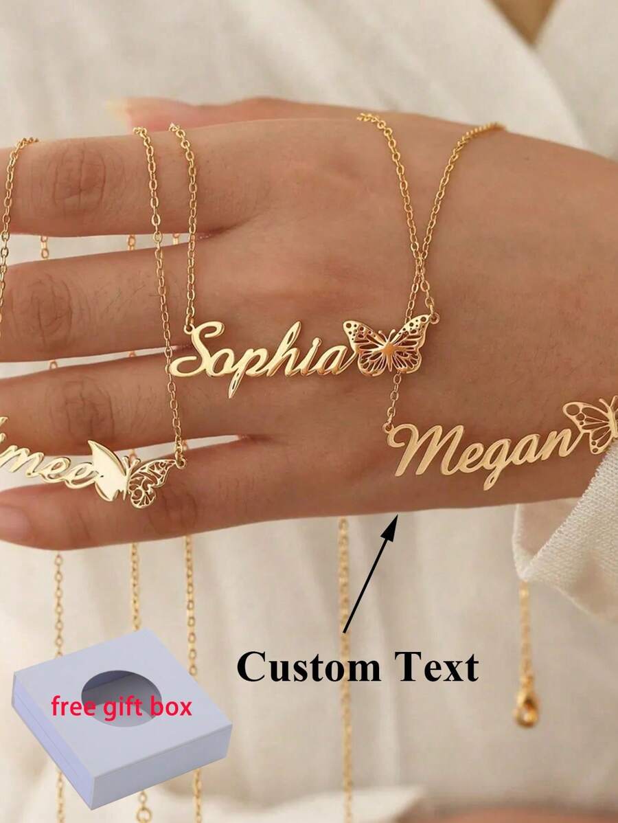 12pcs Customized Butterfly Birth Month Necklace, Stainless Steel Personalized Name Plate Necklace, Fashionable Charm Jewelry For Wedding, Party, Birthday, Autumn Seasons, Ideal Gift For Girlfriend, Mother, Family, Friend, Daughter, Grandparent