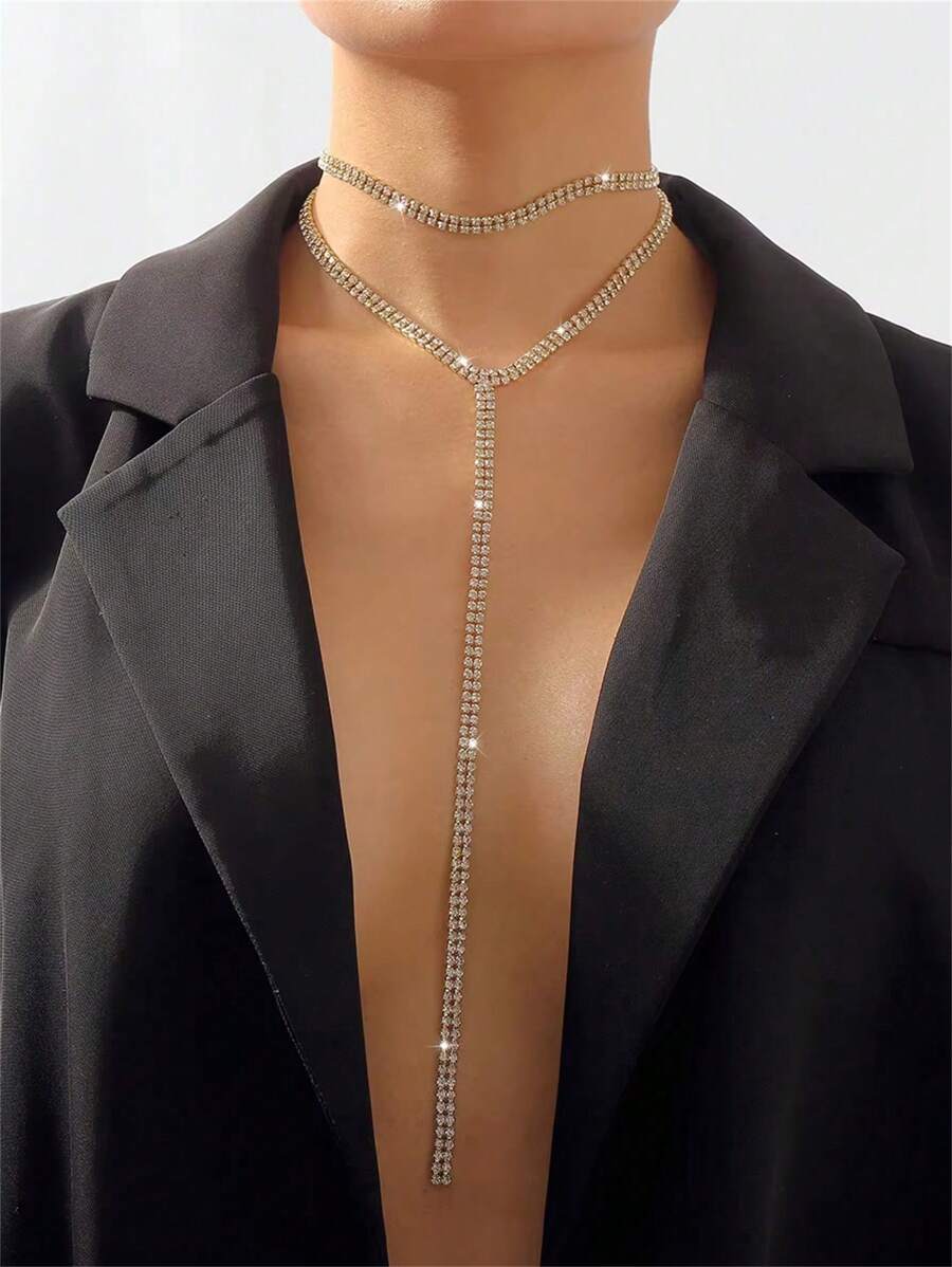 1 pieza Gargantilla de choker con borlas brillantes y diamantes de imitación, accesorio de joyería de moda personalizada y geométrica exagerada para mujer