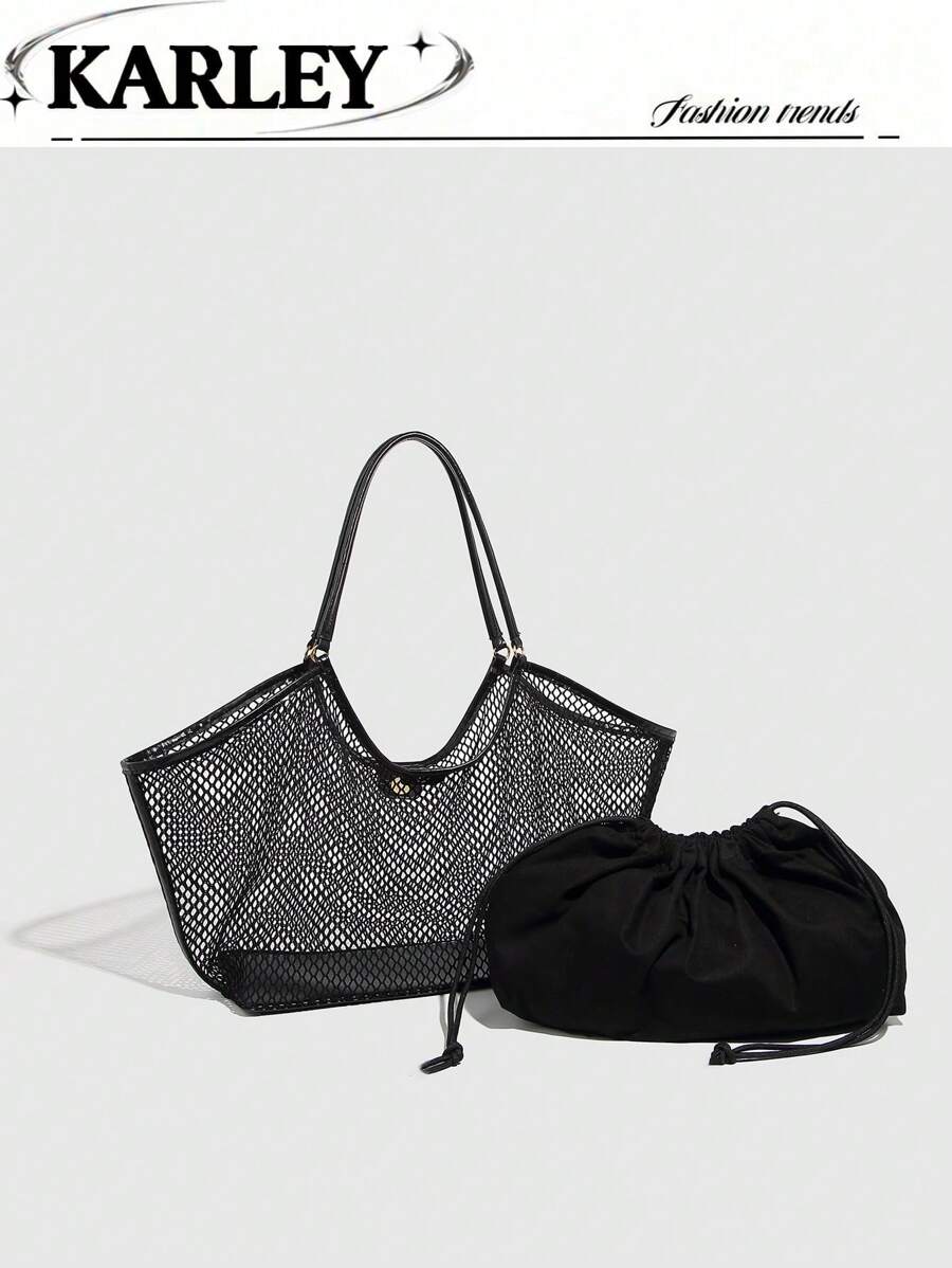 Set de 2 piezas de moda para mujer, nueva bolsa de malla de verano, bolsa de gran capacidad, bolsa de hombro versátil, bolso, bolso madre-hija, cartera de señora