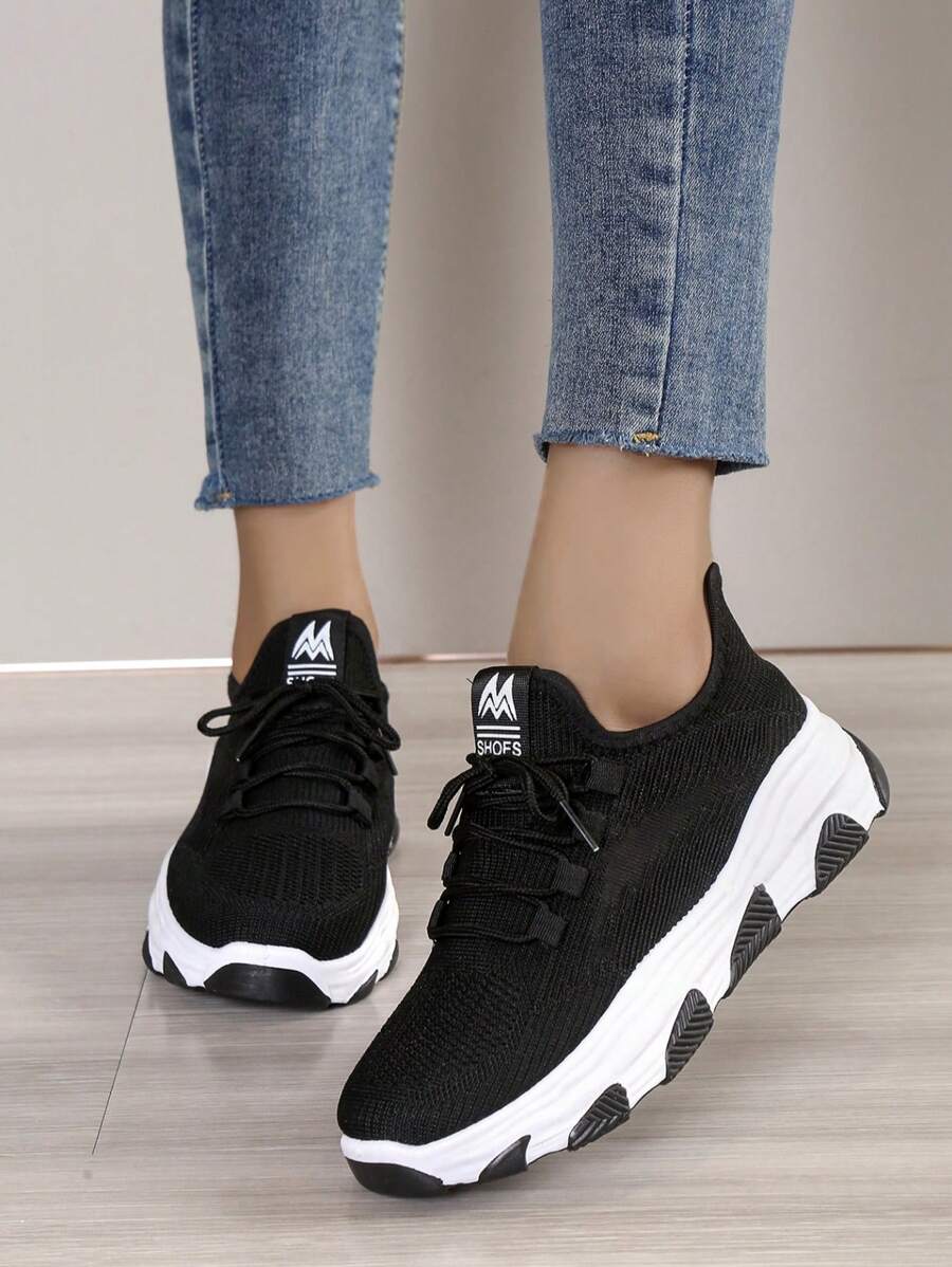 A Pair Of Women's Shoes, Women's Wedge Heel Thick Soled Sports Shoes, Comfortable Lace Up Women's Running Shoes, Fashionable Casual Knitted Breathable Women's Chunky Sneakers