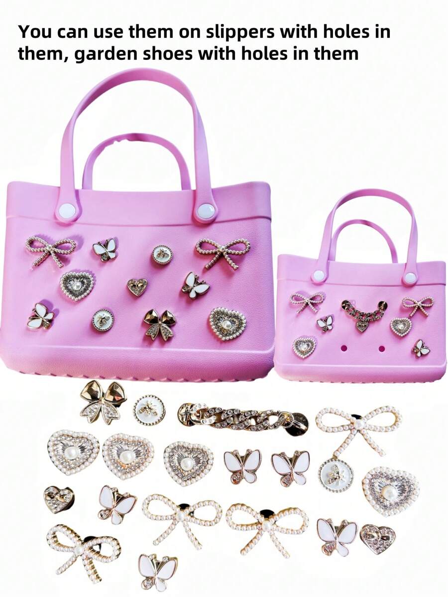 Conjunto de 19 piezas con corazones de cristal, cadena de moños DIY para decorar zapatos, bolsos, pantuflas, sandalias de playa, bolsos con agujeros