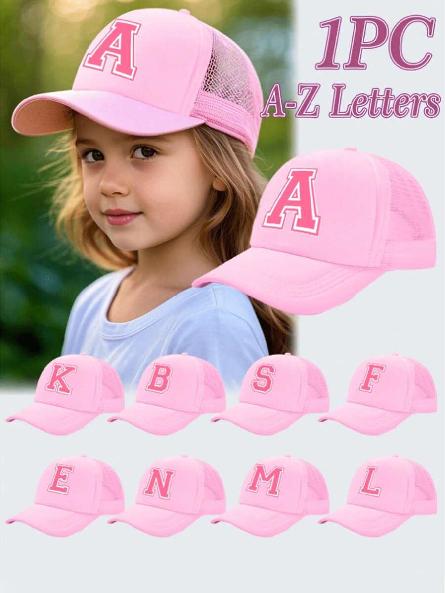 1pc Kid's 26 Alphabet Baseball Cap, Fashion Versatile Casual Sun Hat,Pink Mesh Breathable Trucker Cap, Suitable For Girls Back To School Daily Outfit, Gift