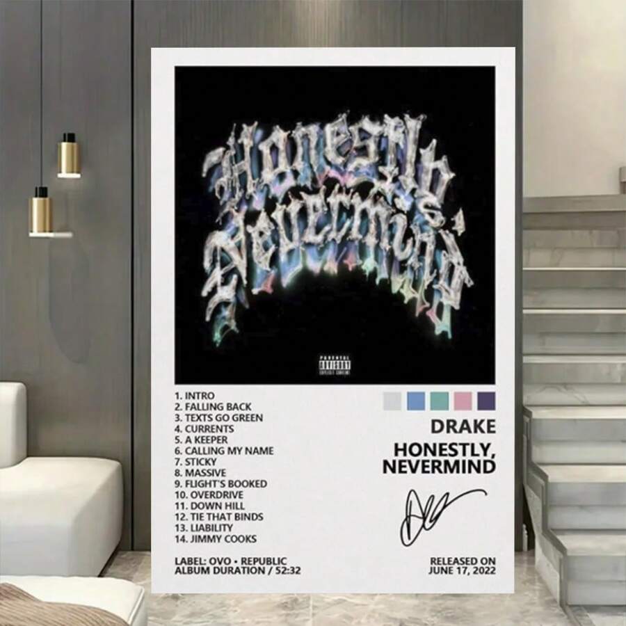 Framed DrakePoster Honestly, Nevermind Music Album Cover Poster Posters For Room Canvas Wall Art Bedroom Decor, Creative Home Decoration, High Quality Decorative Posters, Dormitory, Gym, Bar, Cafe, Arcade, Room Living Room Wall Decoration Painting, Perfect Gift