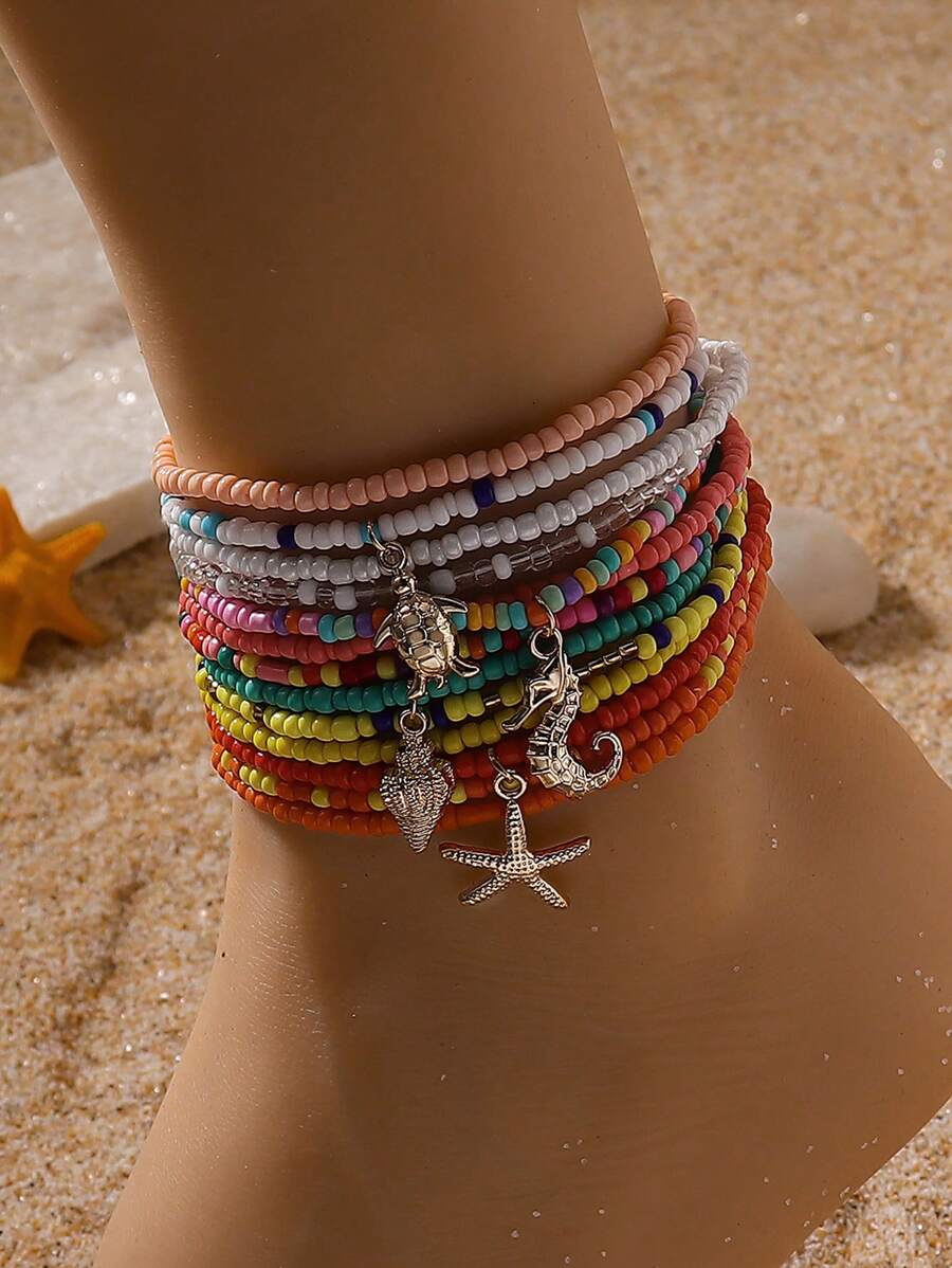 13pcs Boho Ocean Theme Vintage Handmade Beaded Turtle, Seahorse, Seashell, Starfish Fashion Anklet Set,Suitable For Women Beach Vacation, Party, Casual, Daily Wear